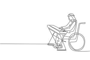 Single continuous line drawing Arab male keyboardist sit wheelchair playing electric keyboard, sing song. Physically disabled. Rehabilitation center. One line draw graphic design vector illustration