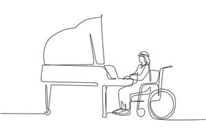 Single one line drawing disabled Arab man in wheelchair playing piano in concert. Disability and classical music. Physically disabled. Rehabilitation center patient. Continuous line draw design vector