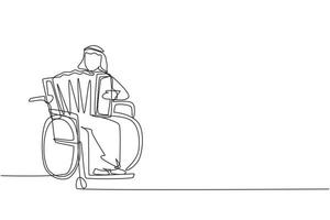 Single continuous line drawing disabled Arab man in wheelchair playing accordion music. Physically disabled. Person in hospital. Rehabilitation center patient. One line draw design vector illustration