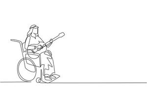 Continuous one line drawing Arab man sit wheelchair with acoustic guitar play music, sing song. Physically disabled. Rehabilitation center patient. Single line draw design vector graphic illustration