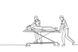 Single one line drawing doctors push gurney with sick woman. Room in hospital. Medical staff, infected patient. Health care and aid. Medical quarantine. Continuous line draw design vector illustration