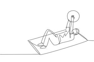 composición isométrica de rehabilitación de fisioterapia de dibujo de una sola línea con un hombre acostado sobre una alfombra, levantando una pelota de goma. concepto de salud. ilustración de vector gráfico de diseño de dibujo de línea continua