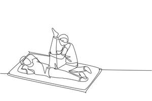 centro de rehabilitación de dibujo de una sola línea. Terapia de Masajes. fisioterapeuta masculino dando masaje en las piernas al paciente tendido en el suelo. ilustración de vector gráfico de diseño de dibujo de línea continua moderna