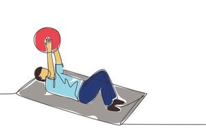 composición isométrica de rehabilitación de fisioterapia de dibujo de una sola línea con un hombre acostado sobre una alfombra, levantando una pelota de goma. concepto de salud. ilustración de vector gráfico de diseño de dibujo de línea continua