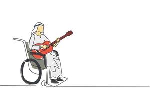 Continuous one line drawing Arab man sit wheelchair with acoustic guitar play music, sing song. Physically disabled. Rehabilitation center patient. Single line draw design vector graphic illustration