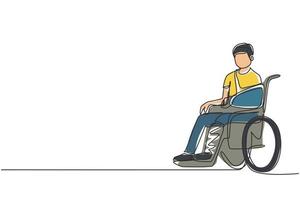 Single continuous line drawing sick man with injuries, gypsum sits in wheelchair. Injured male sitting in wheelchair with broken leg. Guy with fractured leg. One line draw design vector illustration