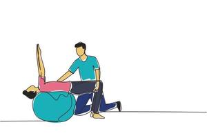 Continuous one line drawing physiotherapy rehabilitation isometric composition with man patient lying on top of rubber ball with medical assistant. Healthcare concept. Single line draw design vector