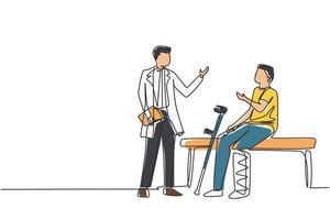 Continuous one line drawing leg fracture patient. Medical doctor talking to man with broken leg in hospital room. Young male on consultation with trauma. Single line draw design vector illustration