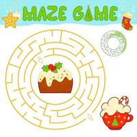 Christmas maze puzzle game for children. Circle maze or labyrinth game with Christmas cake. vector