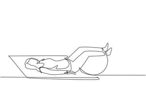 Single continuous line drawing physiotherapy rehabilitation isometric composition with woman character lying on mat with legs on rubber ball. Healthcare concept. One line draw graphic design vector