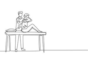 dibujo de una sola línea hombre sentado en la mesa de masaje masajista haciendo tratamiento curativo masajeando al paciente lesionado rehabilitación de fisioterapia manual. ilustración de vector de diseño de dibujo de línea continua