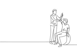 Continuous one line drawing physiotherapy rehabilitation isometric composition with young man patient sitting on ball and male doctor holding his hand. Single line draw design vector illustration