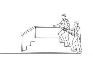 Single continuous line drawing therapist working with male patient climbing the stairs, medical rehabilitation, physical therapy activity. Dynamic one line draw graphic design vector illustration