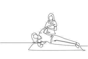 dibujo de una sola línea continua mujer paciente tendida en el suelo terapeuta masajista haciendo tratamiento curativo masajeando el cuerpo del paciente fisioterapia deportiva manual. ilustración de vector de diseño de dibujo de una línea