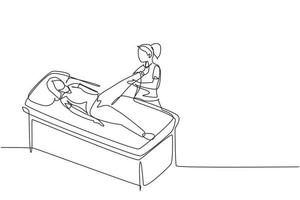 Single continuous line drawing therapist helping woman patient to raise leg for exercise. Physical therapy treatment. Rehabilitation center. Passive and active exercise. One line draw design vector