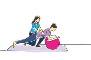 el médico fisioterapeuta de dibujo continuo de una línea rehabilita a la paciente. mujer haciendo ejercicios con pelota de goma. rehabilitación de fisioterapia, recuperación de lesiones. ilustración de vector de diseño de dibujo de una sola línea