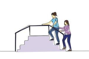 Single continuous line drawing therapist working with female patient climbing the stairs, medical rehabilitation, physical therapy activity. Dynamic one line draw graphic design vector illustration