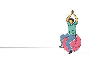 Single continuous line drawing physiotherapy rehabilitation isometric composition with male patient sitting on top of rubber ball with lifting both his hands. One line draw design vector illustration