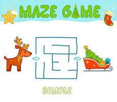 Christmas Maze puzzle game for children. Simple Maze or labyrinth game with Christmas sleigh and reindeer. vector