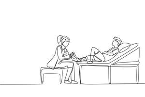 Single one line drawing doctor bandage broken leg to little boy patient sitting on couch. Kid with plaster on ankle in hospital room. Trauma, healthcare, therapy. Continuous line draw design vector