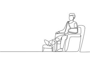 Single continuous line drawing injured patient man with bounded leg, head, arm. Sit in armchair at hospital traumatology department chamber after accident. One line draw design vector illustration