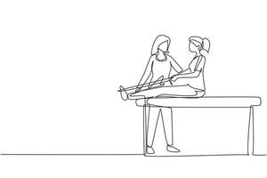 Continuous one line drawing people massage, professional relax therapy, medical health, female masseur. Woman sitting on couch, medicine wellness therapist specialist. Single line draw design vector