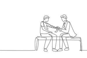 Single continuous line drawing doctor bandages patient man hand. First aid emergency hands doing dressing bandage in Traumatology clinic. Medical treatment in hospital. One line draw design vector