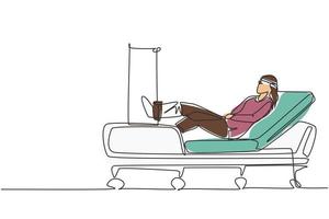 Single continuous line drawing woman patient with broken leg lying in hospital. Hospitalization of patient. Sick person is in bed. The leg is bandaged and fixed with cast. One line draw design vector