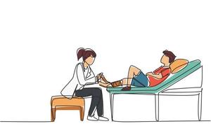 Single one line drawing doctor bandage broken leg to little boy patient sitting on couch. Kid with plaster on ankle in hospital room. Trauma, healthcare, therapy. Continuous line draw design vector