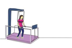 Continuous one line drawing physiotherapy rehabilitation isometric composition with woman walking on medical running machine doing exercises. Healthcare. Single line draw design vector illustration
