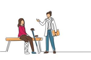 Continuous one line drawing leg fracture patient. Medical doctor talking to woman with broken leg in hospital room. Young girl on consultation with trauma. Single line draw design vector illustration