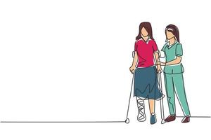 una sola línea de dibujo mujer paciente aprendiendo a caminar usando muletas con la ayuda del médico fisioterapeuta. tratamiento de fisioterapia de personas con lesiones, discapacidad. vector de diseño de dibujo de línea continua