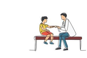 Continuous one line drawing children's doctor works with little boy. Orthopedist bandages boy's hand. Doctor treating child in medical office or hospital. Single line draw design vector illustration