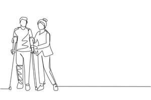 Single one line drawing rehabilitation center. Young man patient learning to walk using crutches with help of doctor. Physiotherapy treatment of people with injury. Continuous line draw design vector