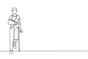 Continuous one line drawing sad and happy man with broken arm and leg in cast with crutch and fixing collar around his neck. Fracture limb. Injury. Single line draw design vector graphic illustration