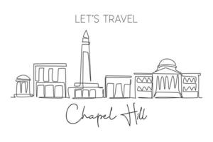 One single line drawing of Chapel Hill city skyline, North Carolina. Town landscape for home wall decor poster. Best holiday destination. Trendy continuous line draw graphic design vector illustration