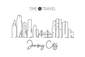 One single line drawing of Jersey City skyline, New Jersey. Historical town landscape in the world. Best holiday destination. Editable stroke trendy continuous line draw design vector illustration