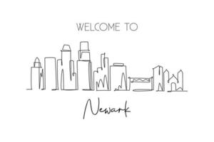 Single continuous line drawing of Newark city skyline, New Jersey. Famous city scraper landscape. World travel home wall decor art poster print concept. Modern one line draw design vector illustration