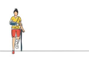 Single continuous line drawing injured woman having head bandage, broken ankle, wrist cast walking with crutch, and medical plaster on leg and arm. One line draw graphic design vector illustration