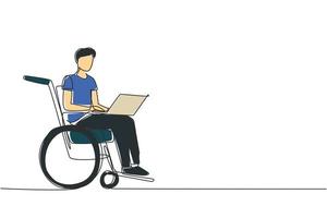 Single continuous line drawing disabled man working on laptop. Wheelchair, idea, computer. Freelance, disability. Online job and startup. Physical disability and society. One line draw design vector