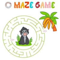 Maze puzzle game for children. Circle maze or labyrinth game with gorilla. Monkey and bananas vector