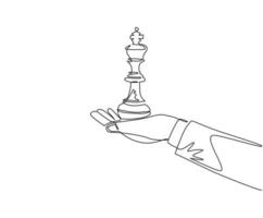 Single continuous line drawing hand holding king chess figure. Business strategy management. Partnership offer. Sport, competition, competitive, strategic. One line draw design vector illustration