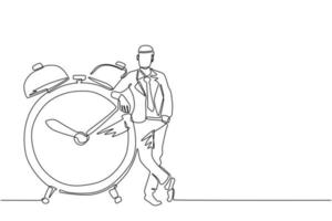 un solo hombre de negocios, gerente o empleado de dibujo de una línea se inclina hacia un gran reloj. concepto de gestión del tiempo. tiempo, reloj, oferta limitada, símbolo de fecha límite. vector gráfico de diseño de dibujo de línea continua