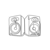 Altavoces continuos del sistema de música de dibujo de una línea con el logotipo del icono. imagen de grunge de equipo musical del cartel de banner de elementos de diseño plano de altavoz. ilustración gráfica de vector de diseño de dibujo de una sola línea