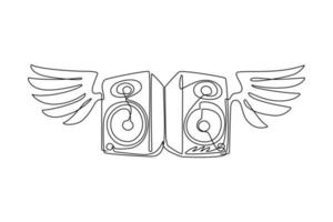 Altavoces continuos del sistema de música de dibujo de una línea con el logotipo del icono de las alas. equipo musical grunge imagen de altavoz con alas elementos de diseño plano. ilustración gráfica de vector de diseño de dibujo de una sola línea