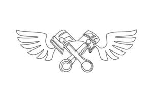 Single continuous line drawing two crossed piston with wings icon. Advertises repair services. Automotive and motorcycle workshop symbol logo. Dynamic one line draw graphic design vector illustration