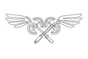 Single continuous line drawing flying two crossed axes. Weapon of medieval fantastic warrior. Winged two crossed axes logo with elegant outspread wings for logo design. One line draw graphic vector