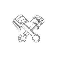 Continuous one line drawing two crossed piston icon. Advertises repair services. Automotive and motorcycle workshop flat symbol logo banner poster. Single line draw design vector graphic illustration