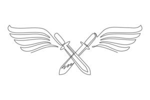 Single one line drawing flying two crossed swords. Weapon of medieval fantastic warrior. Winged two crossed swords logo with elegant outspread wings. Continuous line draw design vector illustration