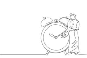 Continuous one line drawing Arabian businessman, manager or employee stand leaning to big clock. Concept of time management. Time, watch, limited offer, deadline symbol. Single line draw design vector